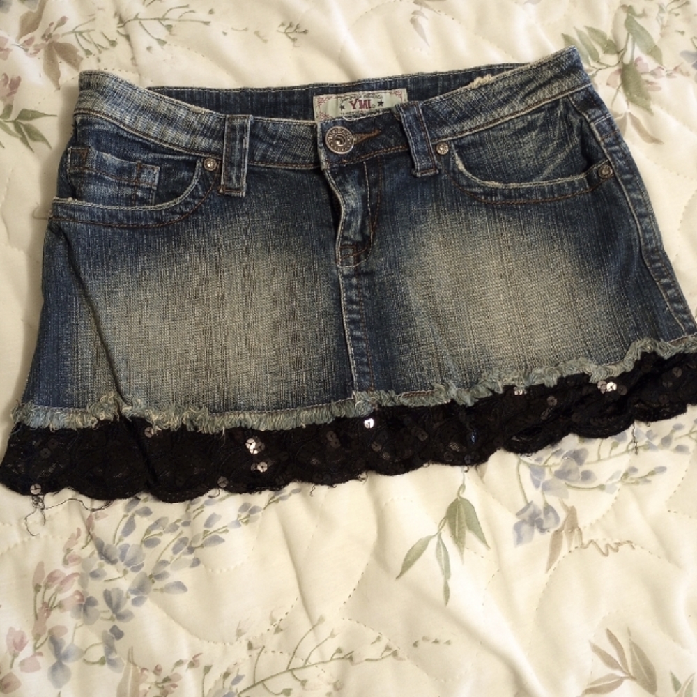 YMI denim mini skirt with black sequined scalloped edge